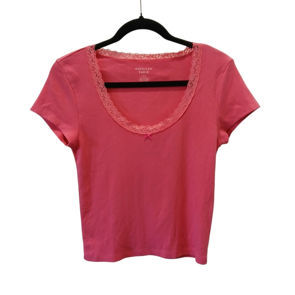 American Eagle Coquette Large Pink Lace Scoopneck Bow Tshirt‎ Short Sleeve NEW